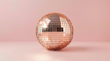Simple studio photograph of a pink, rosegold disco ball