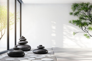 Interior Studio Room, Empty Wall Mockup In Zen Meditation Room With A Serene Nature Feel, Yoga Studio, Natural Stones, 3d Render Real Room Template