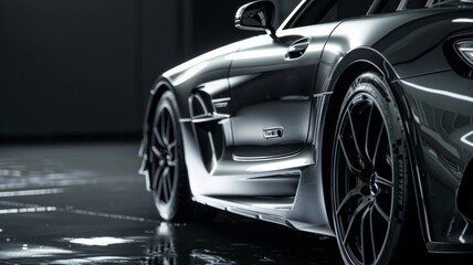 grey generic unbranded luxury sport car on a very dark black background, banner