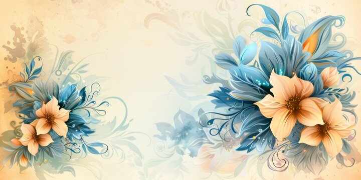 Elegant Floral Design with Blue and Peach Flowers, Detailed Artistic Background, Perfect for Invitations, Wallpapers, and Decorative Use