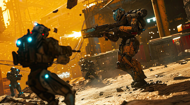 a robot army in war scene. Robots against humanity.