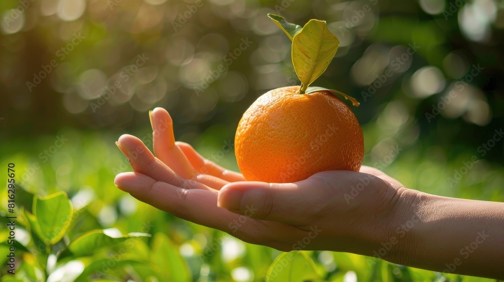 Wall mural fresh orange resting on hand in the garden