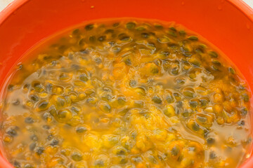 Macro photography of passion fruit pulp.