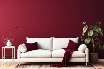 Interior Living Room, Empty Wall Mockup In Scandinavian Interior, Dark Red Walls And Decorations, 3d Render Real Room Template
