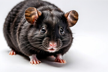 Portrait of a black rat on a white background, close-up