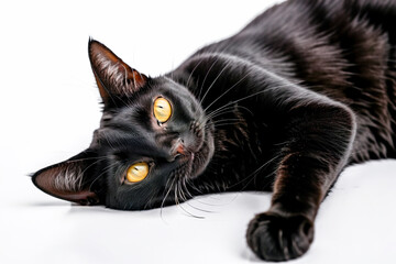 Black cat with yellow eyes lying on white background. Shallow depth of field
