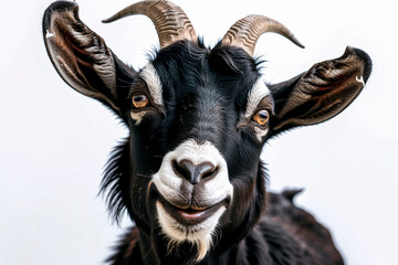 Portrait of a black goat with horns on a white background.