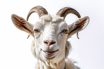 Portrait of a goat with big horns on a white background.