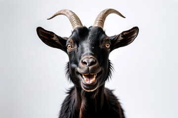 Close up portrait of a goat with horns on a white background.