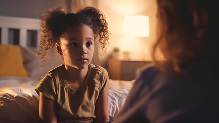 Fototapeta premium Little girl sitting on bed and talking to social worker about adoption and her living in new family : Generative AI