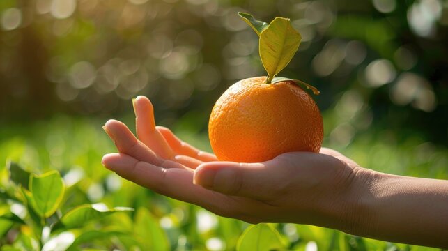 Fresh orange resting on hand in the garden