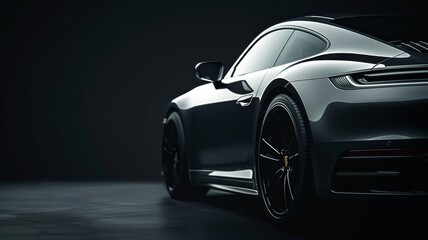 grey generic unbranded luxury sport car on a very dark black background, banner