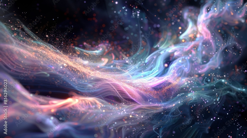 Poster wispy strands of iridescent particles swirl together mimicking the enigmatic behavior of the quantum