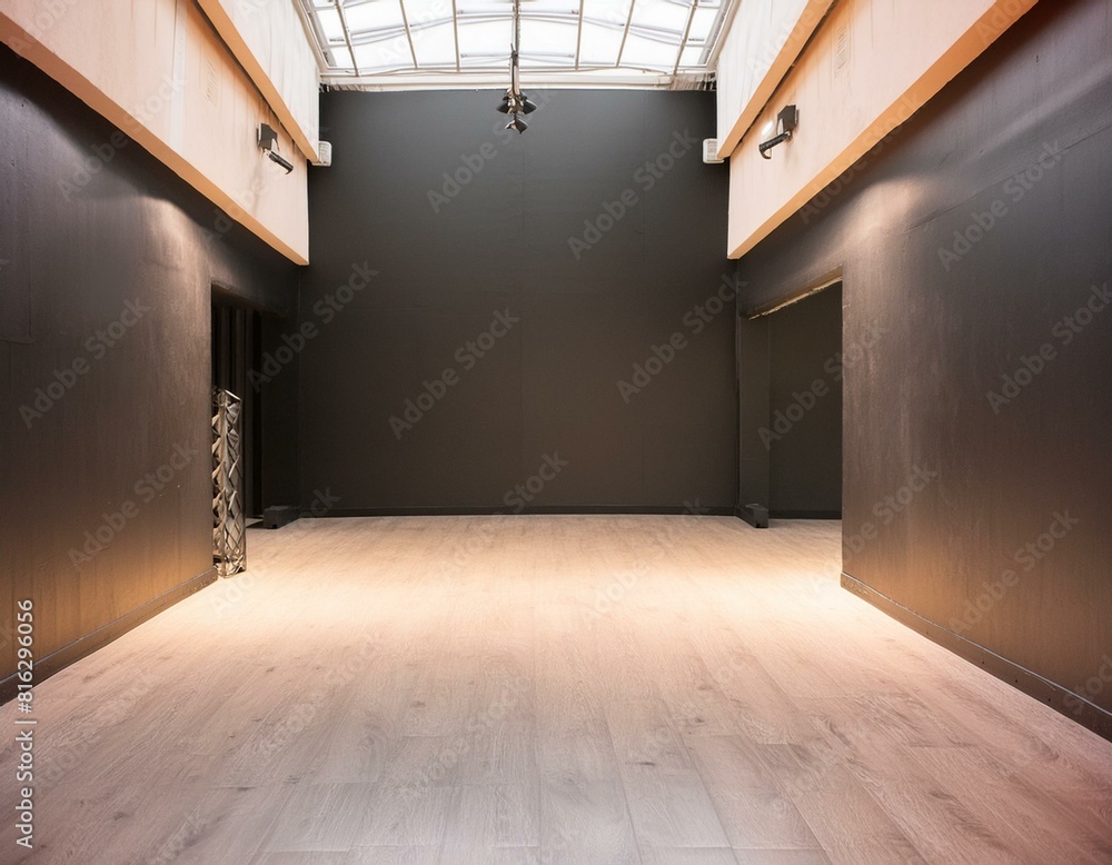 Aufkleber a black panoramic studio room stands empty, devoid of any presence. the space is illuminated by a so