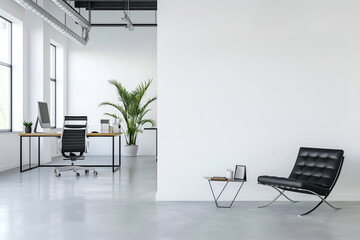 Office Space Room, Empty Wall Mockup In White Room With Office Desk Table And Office Chair, Meeting Room, 3d Render Real Room Template