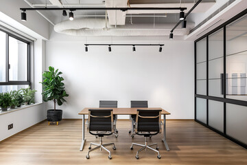 Office Space Room, Empty Wall Mockup In White Room With Office Desk Table And Office Chair, Meeting Room, 3d Render Real Room Template