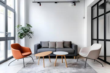 Fototapeta premium Office Space Room, Empty Wall Mockup In White Room With Office Sofa And Arm Chairs, Meeting Room, 3d Render Real Room Template