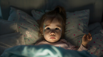 Little toddler girl with chicken pox in bed playing at home quarantine isolation during sickness : Generative AI