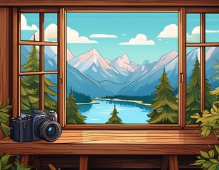 A charming mountain lake view greets you from the chalet window in this delightful 2d cartoon illustration The scene features a camera