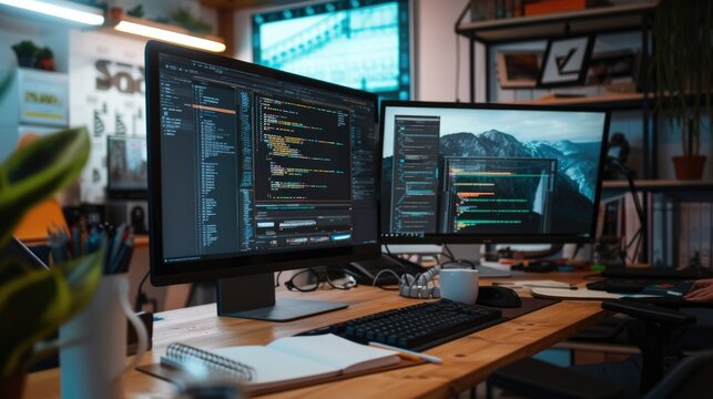 A focused software developer codes on a dual monitor setup in a modern office environment with a minimalist aesthetic. AIG41