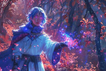 Fototapeta premium Vibrant Young Sorcerer: Colorful Magic in Forest Lighting