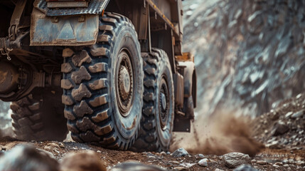 Close-Up of Truck's Sturdy Tires on Rugged Terrain