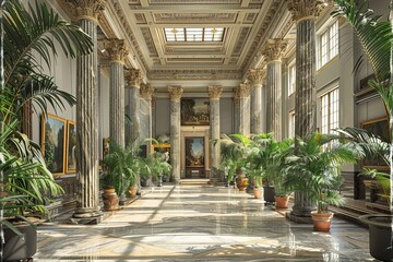 Fototapeta premium Breathtaking Poetic Gallery: Paintings, Potted Plants, and Antiquities in Trending Print