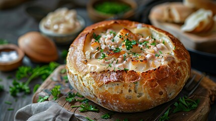 Clam chowder in a bread bowl, fresh foods in minimal style