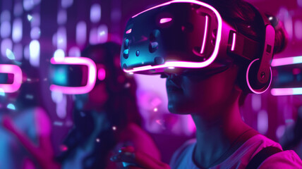 People with VR glasses playing virtual reality game. Future digital technology and 3D virtual reality simulation modern futuristic lifestyle.