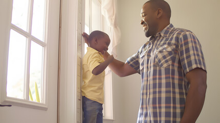 Happy african american father measuring son and marking height on door frame at home fatherhood childhood growth togetherness and domestic life unaltered : Generative AI