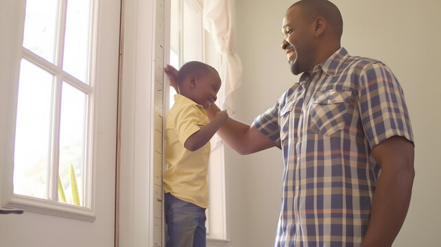 Happy african american father measuring son and marking height on door frame at home fatherhood childhood growth togetherness and domestic life unaltered : Generative AI