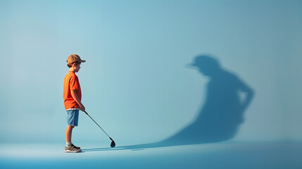 Fototapeta premium Childhood and dream about big and famous future Conceptual image with boy and drawned shadow of sportive male golf player on blue background Childhood dreams imagination education conc : Generative AI