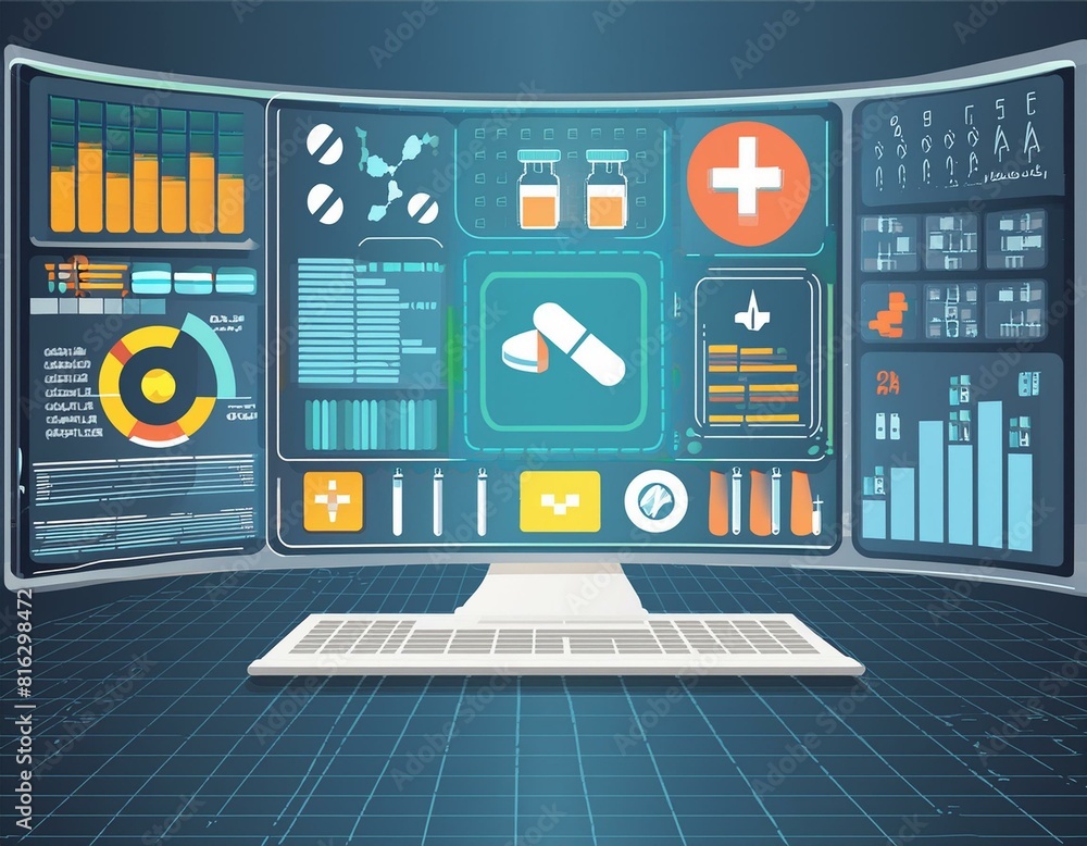 Poster a digital screen displaying pharmaceutical data and analytics, illustrating the use of technology in