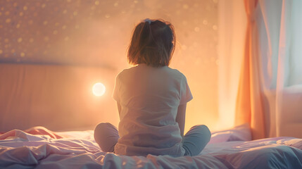 Unhappy young adolescent 12s kid girl sitting on comfortable bed feeling exhausted or depressed alone at home Stressed teen child suffering from headache or having psychological mental : Generative AI