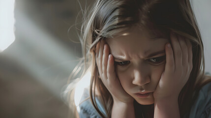 Obraz premium Stressed and unhappy young girl huddle in corner cover her ears blocking sound of her parent arguing in background Domestic violence at home and traumatic childhood develop to depressi : Generative AI
