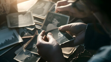 Person grabs and examines carefully old photos from vintage album Owner enjoys remembering amazing moments looking through faded photos closeup : Generative AI