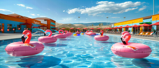 Summertime Fun in the Pool with Inflatable Flamingos, Capturing a Scene of Leisure and Play Under the Sun