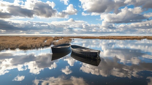 Reflection of cloudy sky on calm lake with two black boats amidst dry grass banks