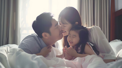 happy young asian family sit on bed together with daughter korean little girl hug and love parents at home mom and dad kiss daughter : Generative AI