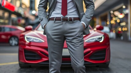 Man in suit with hands in pockets in front blue generic unbranded luxury sport car in modern parking lot