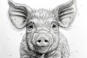 Miniature Pig with Unique Head Design: Detailed Ink Drawing of an Adorable Concept