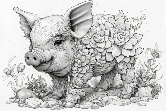 Ink Drawing of Miniature Pig with Unique Head Design - Cute Concept in Detail