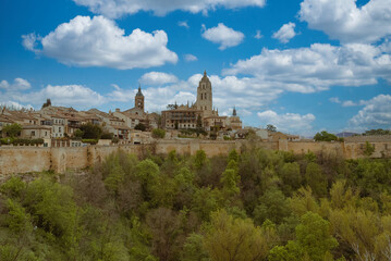 Segovia, España. April 28, 2022: Walls and cathedral of Segovia.