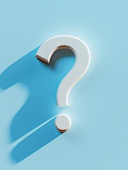 A 3D question mark icon casting a shadow, on a pastel cerulean background
