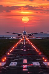 A jetliner approaches the runway at sunset