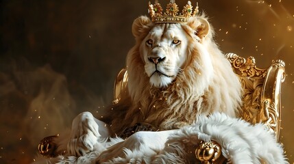 The Royal White lion with luxury dress costume. Close up Portrait King lion with throne and crown isolated on transparent png background. 