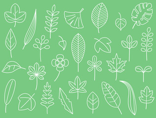 クローバーや銀杏などのナチュラルな葉っぱのイラストのセット　白い線画バージョン