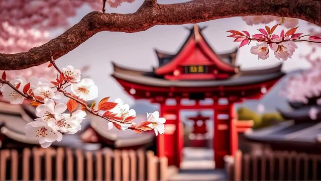 Traditional Japanese temple framed by cherry blossoms in full bloom, ideal for projects about travel, culture, or spring.  Spring in Japan Concept.  Video background