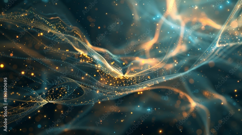 Poster a digital illustration showing the threads of the fabric of the universe weaving in and out of each 