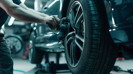 A mechanic adjusting the alignment of a car's wheels using precision equipment. - Powered by Adobe
